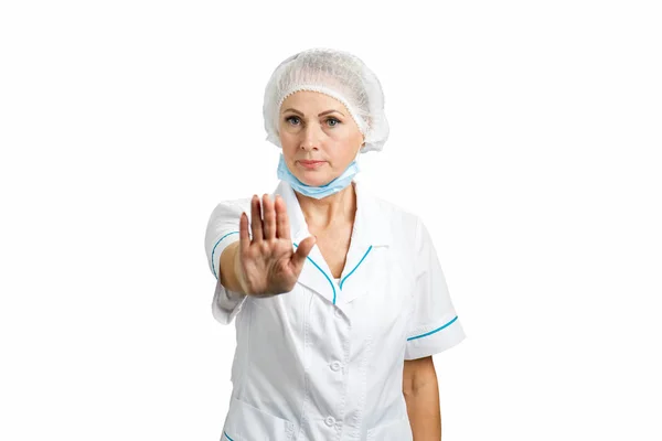 Adulto cirurgião feminino gestual parar . — Fotografia de Stock