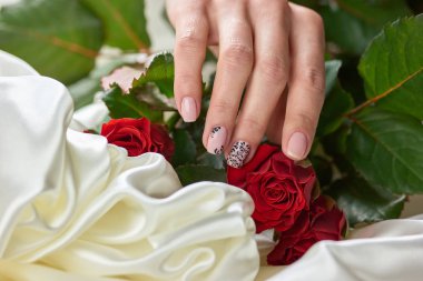 Erkek el, ipek, gül manikürlü.