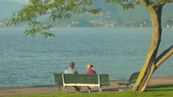 Paar auf Bank in der Nähe des Sees. — Stockvideo