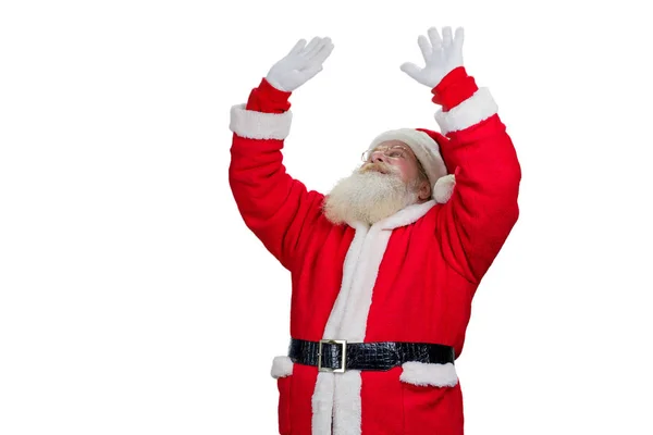 Kerstman met opgeheven handen, witte achtergrond. — Stockfoto