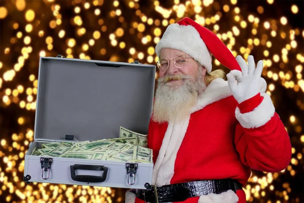 Santa Claus con caja llena de dólares . — Foto de Stock