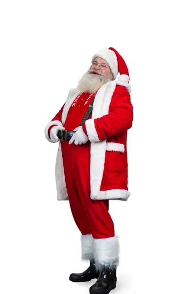 그의 벨트를 들고 웃는 산타 클로스. — 스톡 사진