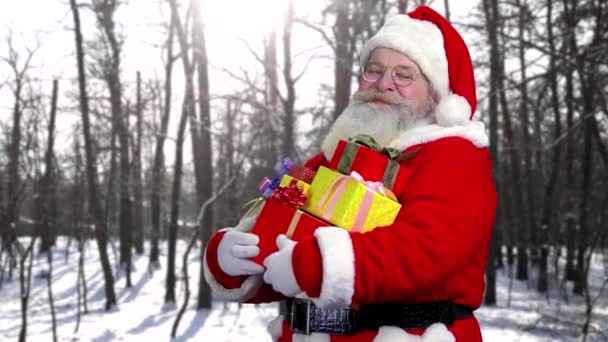 Santa met presenteert buiten. — Stockvideo