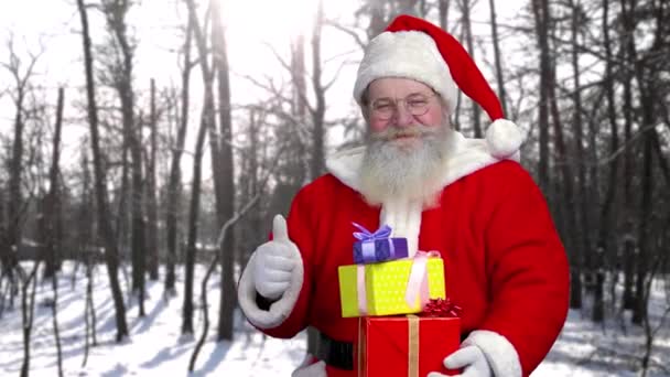 Weihnachtsmann hält Geschenke im Freien. — Stockvideo