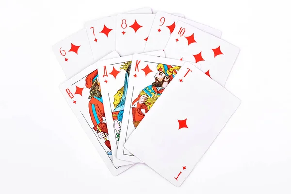 Royal flush in diamonds, white background. — Stock Photo, Image