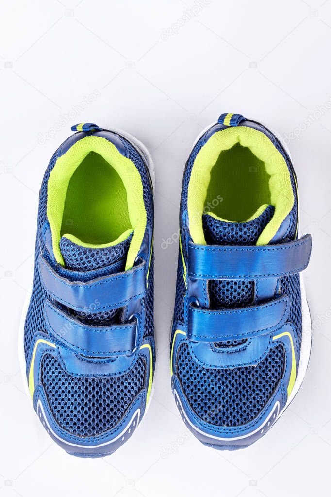 Blue running shoes, top view.