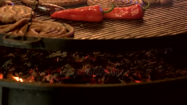 Cooking food on grill macro. — Stock Video