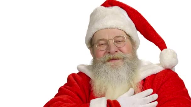 Vrolijke Santa op witte achtergrond. — Stockvideo