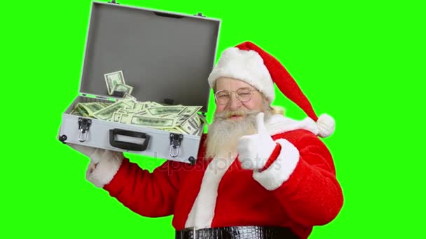 Santa trzyma walizkę pieniędzy, chromakey. — Wideo stockowe