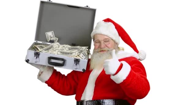 Santa segurando mala dinheiro isolado . — Vídeo de Stock