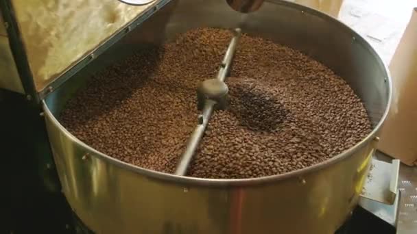 Coffee roasting machine, male hand. — Stock Video