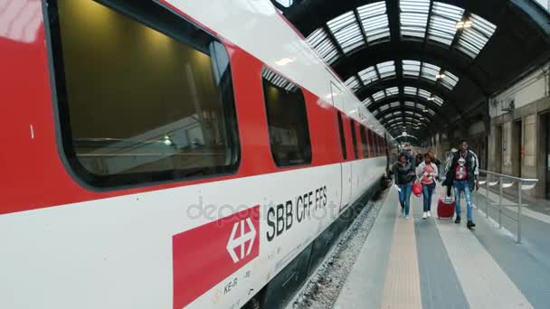 Estación de tren, personas que llevan equipaje . — Vídeo de stock