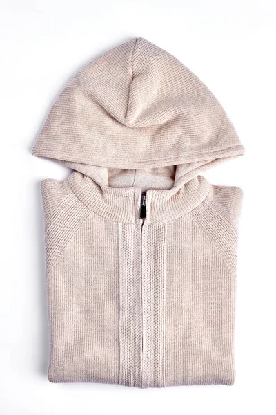 Güzel bej kapşonlu örgü hırka.