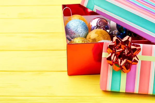 Colorful gift boxes with Christmas decorations.