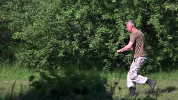 Perro está ejecutando órdenes emitidas por el movimiento palo de entrenamiento . — Vídeo de stock