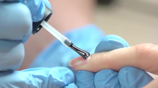 Cosmetician applying polish to woman nails. — Stock Video