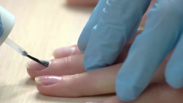 Nageltechniker trägt farblosen Lack auf. — Stockvideo