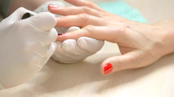 专家用定影剂覆盖客户的指甲. — 图库视频影像