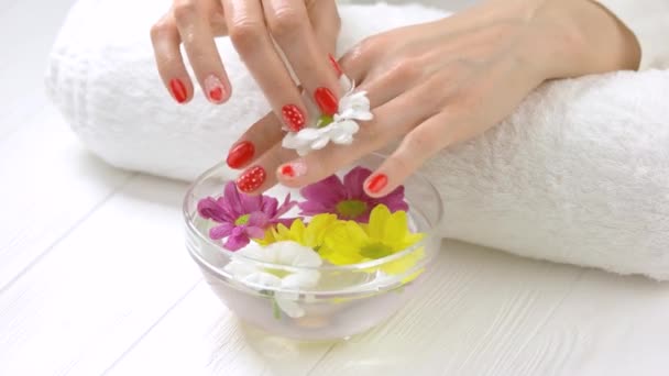 Wet manicured hands in glass bowl. — Stock Video