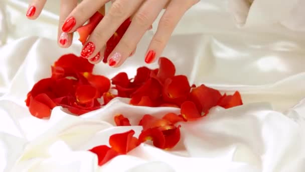 Frauenhände und Rosenblätter auf weißer Seide. — Stockvideo
