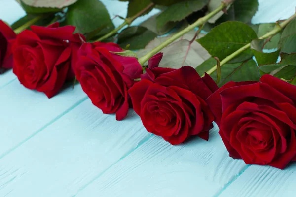 Närbild av ljusa röda rosor på trä. — Stockfoto