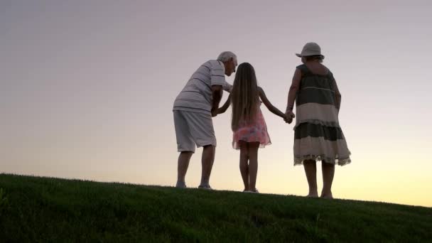 Mädchen mit Großeltern bei Sonnenuntergang. — Stockvideo