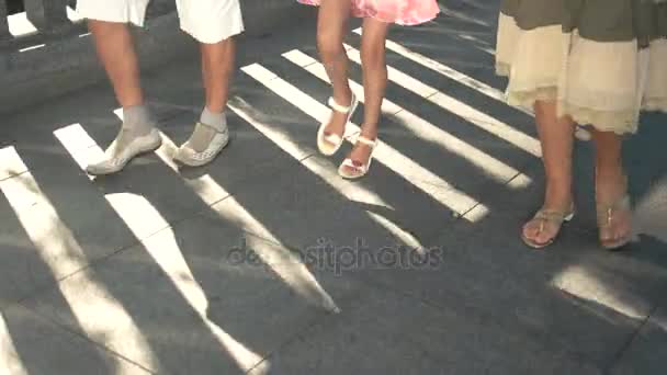 Familie wandelen op brug in zonnige dag. — Stockvideo