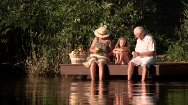 Gamla människor och barnbarn med picknickkorg. — Stockvideo