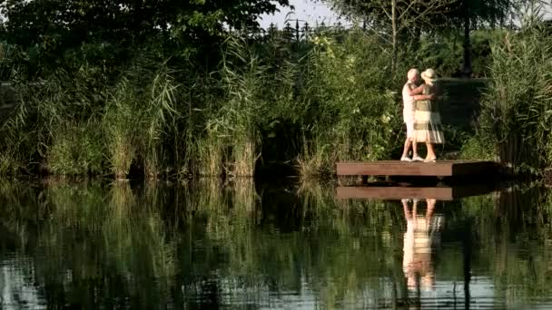 Beautiful dance of elderly couple outdoors. — Stock Video