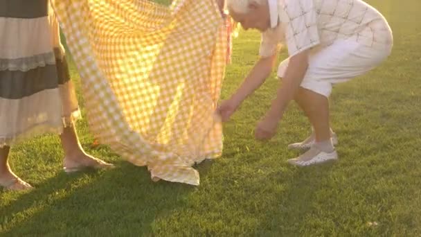 Mensen uitspreiden picknick doek. — Stockvideo