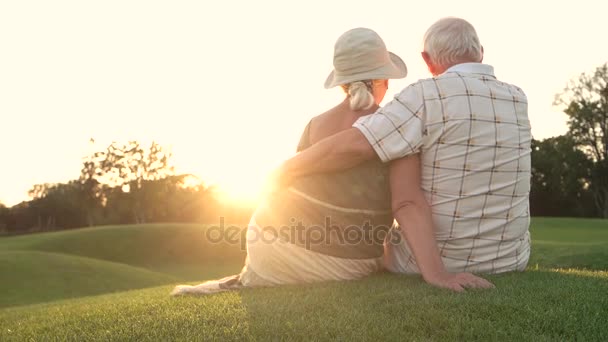 Pareja mayor sentada al aire libre, vista trasera . — Vídeo de stock