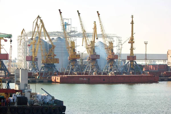 Grandes grúas metálicas amarillas en el puerto . — Foto de Stock