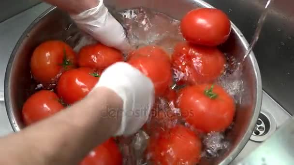 Manos lavando tomates, cámara lenta . — Vídeo de stock