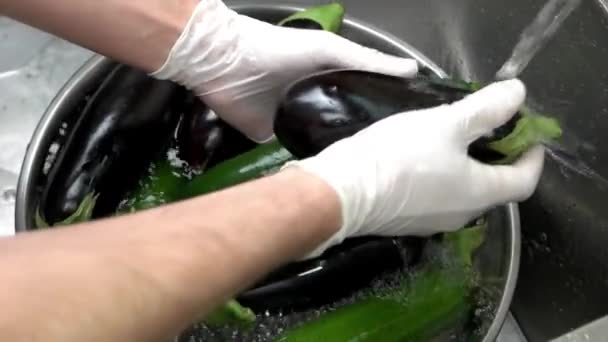 Las manos lavando verduras, lento-mo . — Vídeo de stock