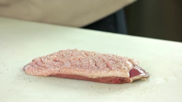 Hands of chef, duck breast. — Stock Video