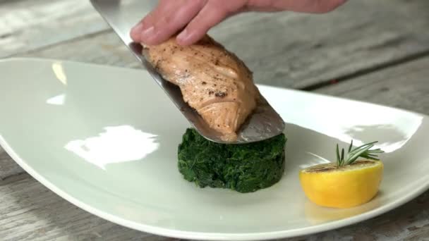 Grillad lax och spenat tartar. — Stockvideo