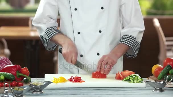 Chef-kok snijden tomaat. — Stockvideo