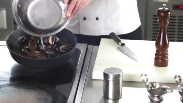 Chef cozinhando mexilhões . — Vídeo de Stock