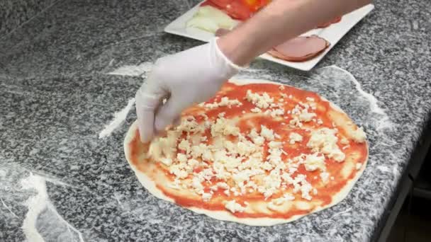 Hände bereiten Pizza zu. — Stockvideo