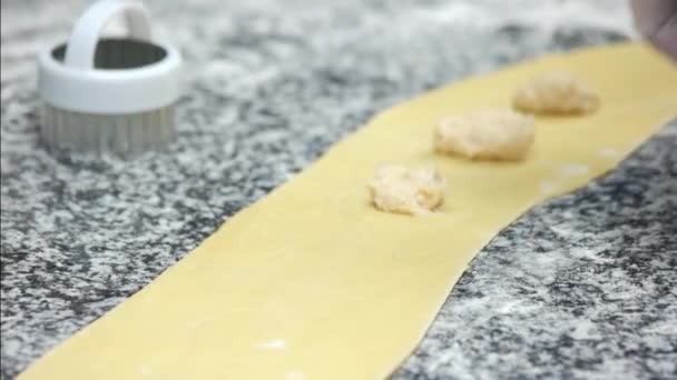 Ravioli-Teig und Käse. — Stockvideo