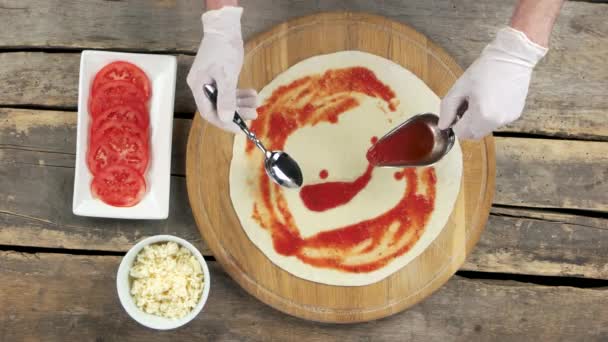 Pizza ingredients on wooden table. — Stock Video