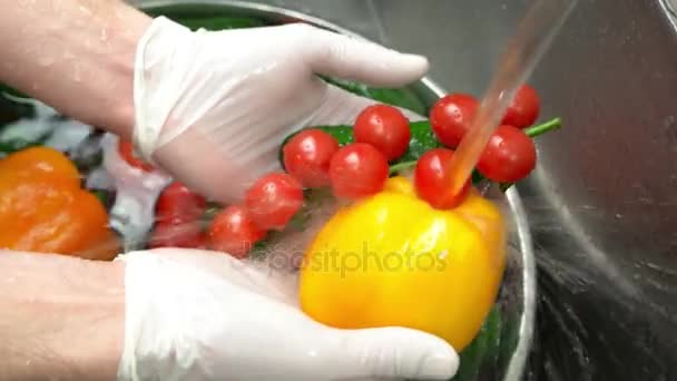 Hands washing vegetables close up. — Stock Video