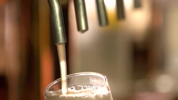 Close-up van light bier overvulling van glas, slow-mo. — Stockvideo