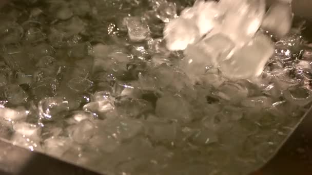 Container with weater filling with ice cubes. — Stock Video