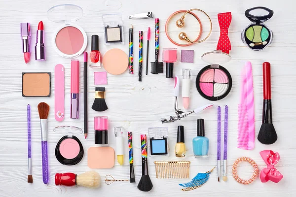 Makeup products kit, top view. — Stock Photo, Image