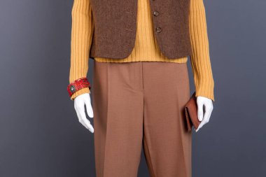 Kahverengi giyim ve çanta kadın manken.