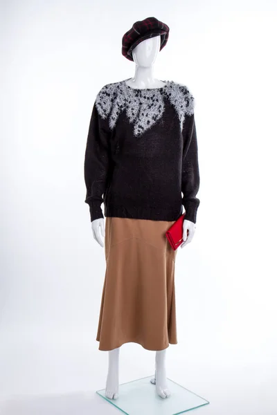 Кепка, свитер, юбка и бумажник . — стоковое фото