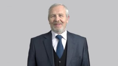 Mutlu sakallı işadamı, gri arka plan.