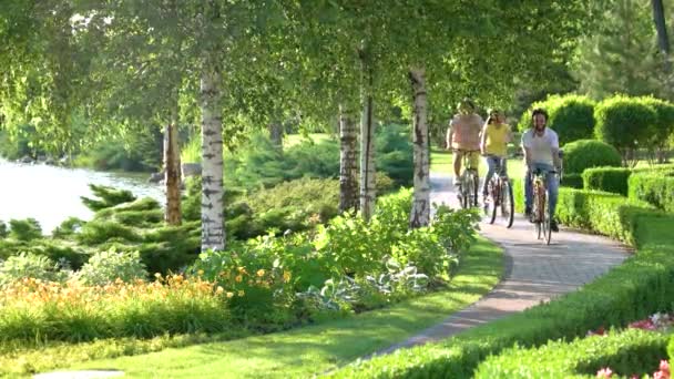 Vier mooie vrienden een fietsen rijden. — Stockvideo