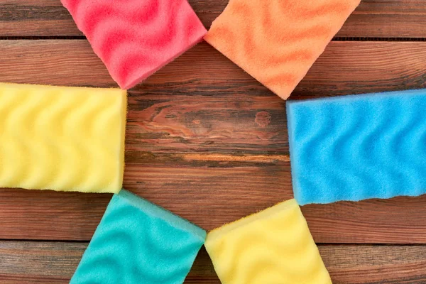 Colorful kitchen sponges, copy space.